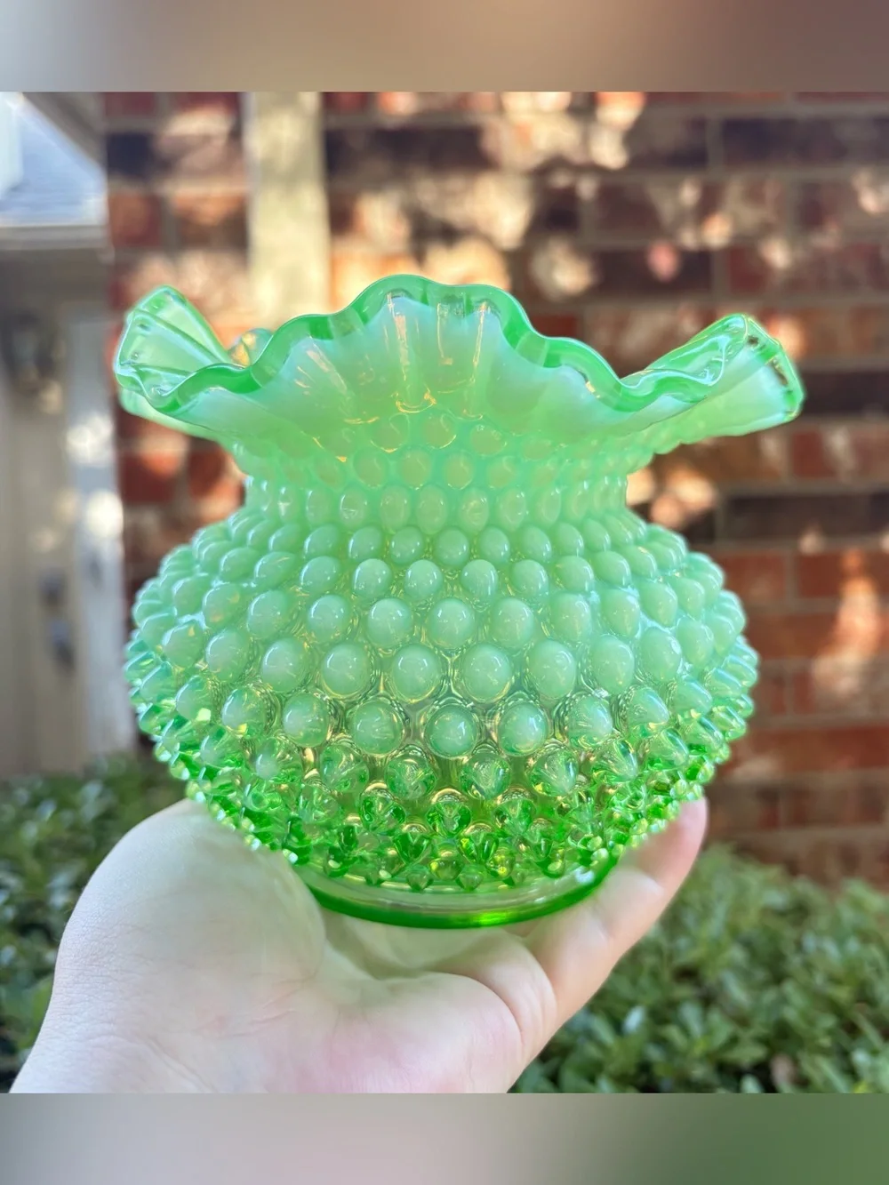 Fenton Rose Bowl Lime Green Opalescent Hobnail Glows!
